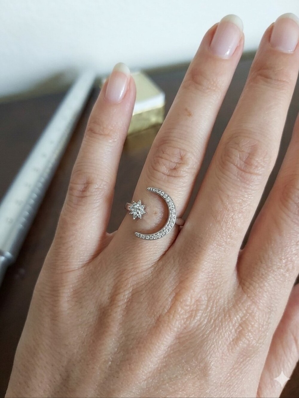 Silver Moon and Star Open Ring‎ - Silvertoned